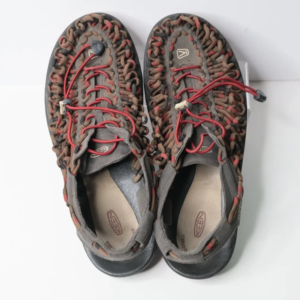 KEEN Uneek Mens 11.5 Sandals Gray Red Corded Lace Up Outdoor Shoes 1014620